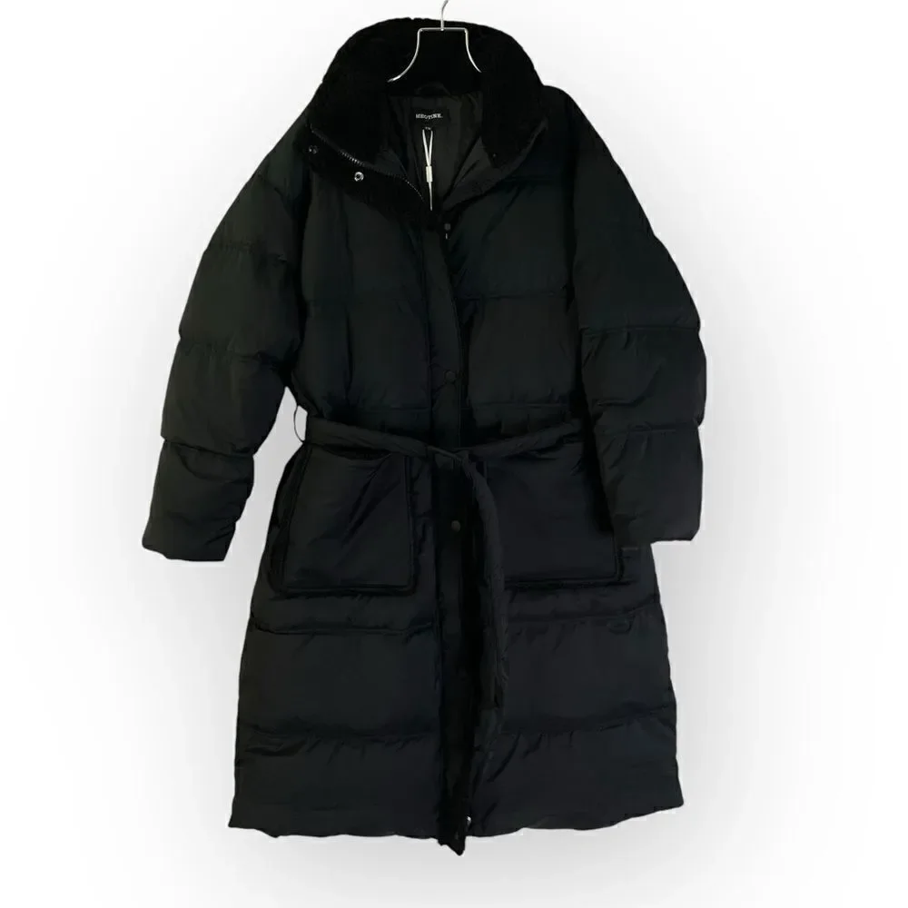 Meotine Sandie Coat Black Long Puffer S/M Down Filled Faux Fur